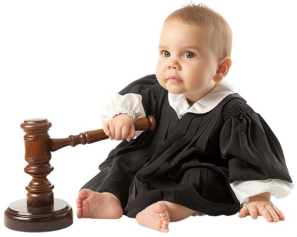 a baby in a black and white dress holding a gavel